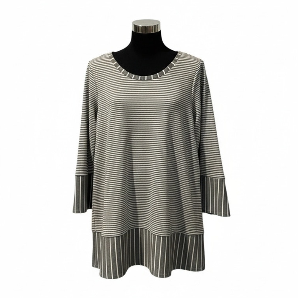 Chaus New York Tunic Top Womens Size Large Gray & White Striped 3/4 Sleeve